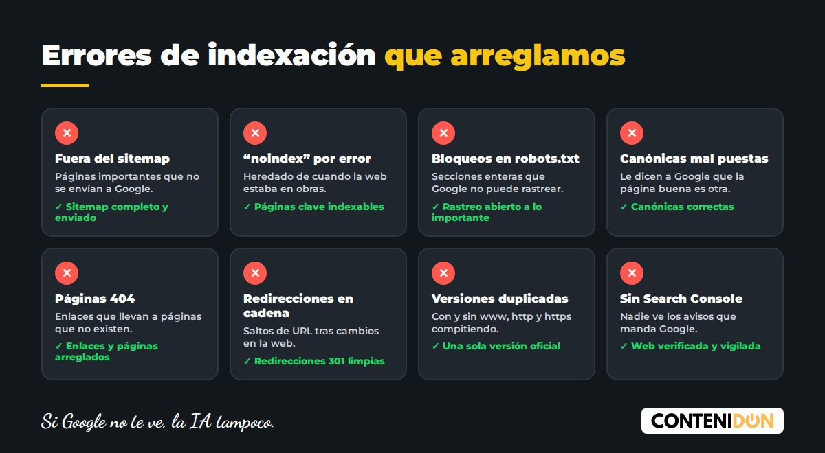 Errores de indexación habituales que corregimos el primer mes: páginas fuera del sitemap, noindex por error, bloqueos en robots.txt, canónicas mal configuradas, páginas 404, redirecciones y versiones duplicadas