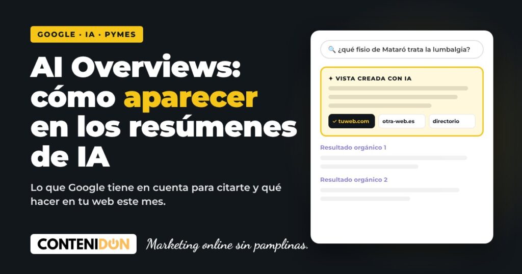 AI Overviews: cómo aparecer en los resúmenes de IA de Google, titular en amarillo sobre fondo oscuro