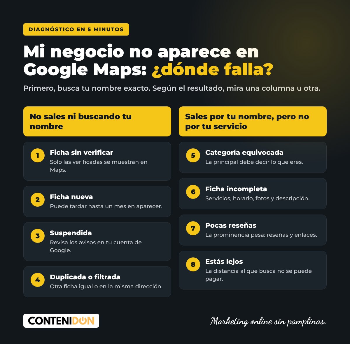Infografía: diagnóstico en 5 minutos cuando mi negocio no aparece en Google Maps, con las 8 causas habituales
